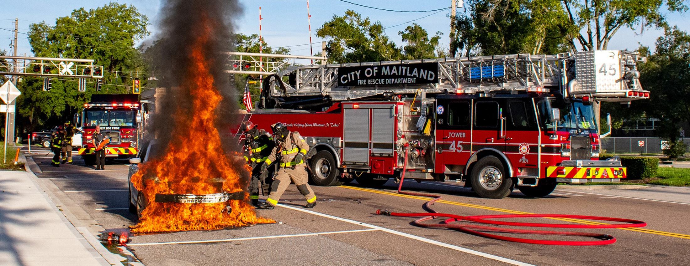 Maitland firefighters working beside Tower 45 during a vehicle fire response